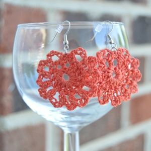 Coral Floral Crochet Earrings Womens Handmade